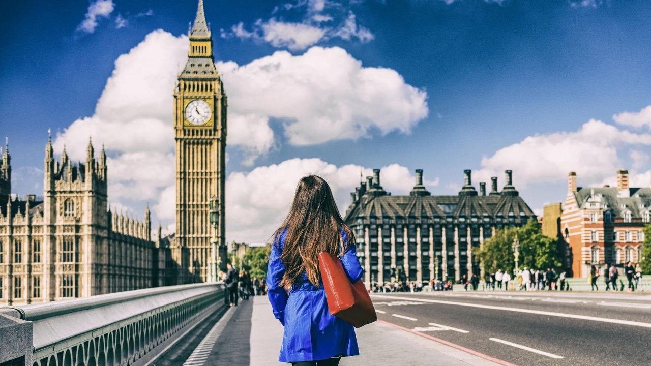 How to adapt easily to working in a new country, a woman walking across Westminster Bridge in London