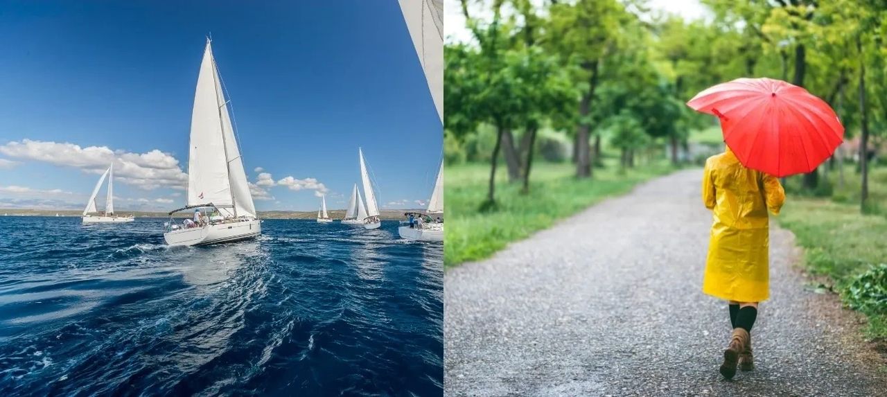 Coming Home after being an expat. What Now? photos of sailing while overseas and a rainy day with umbrella back home