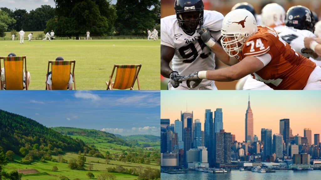 Culture shock UK to US. Image comparing life in UK v US. Sunny English cricket and countryside compared to brutal US sport with body armour and New York Skyscrapers.