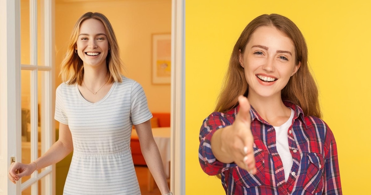 When do you smile when entering a room? A woman smiling as she comes through a door, and a woman smiling as she holds out her hand to shake hands