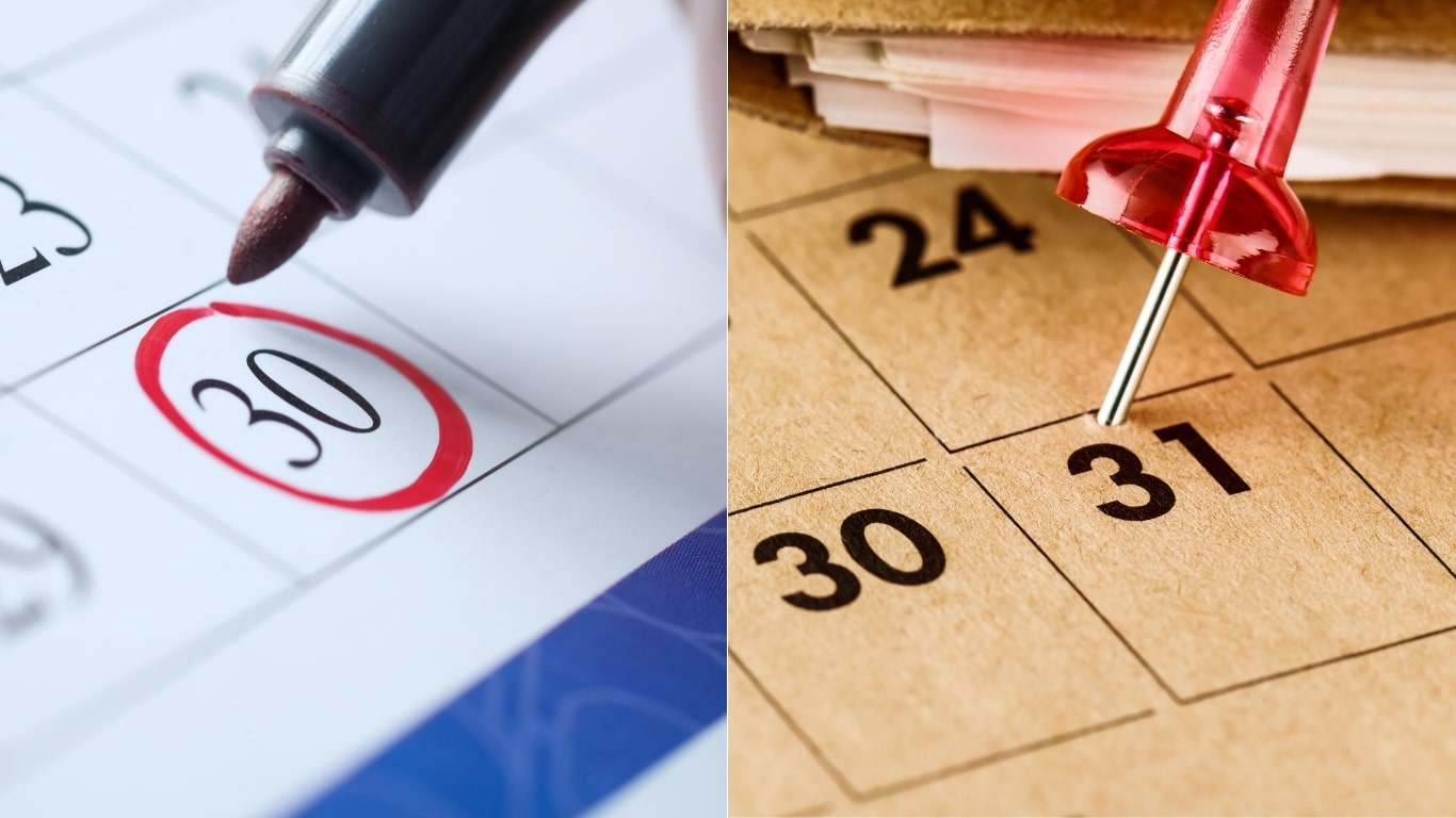 two pictures of calendars with one person's calendar highlighting deadline as 30th and the other diary with deadline as 31st