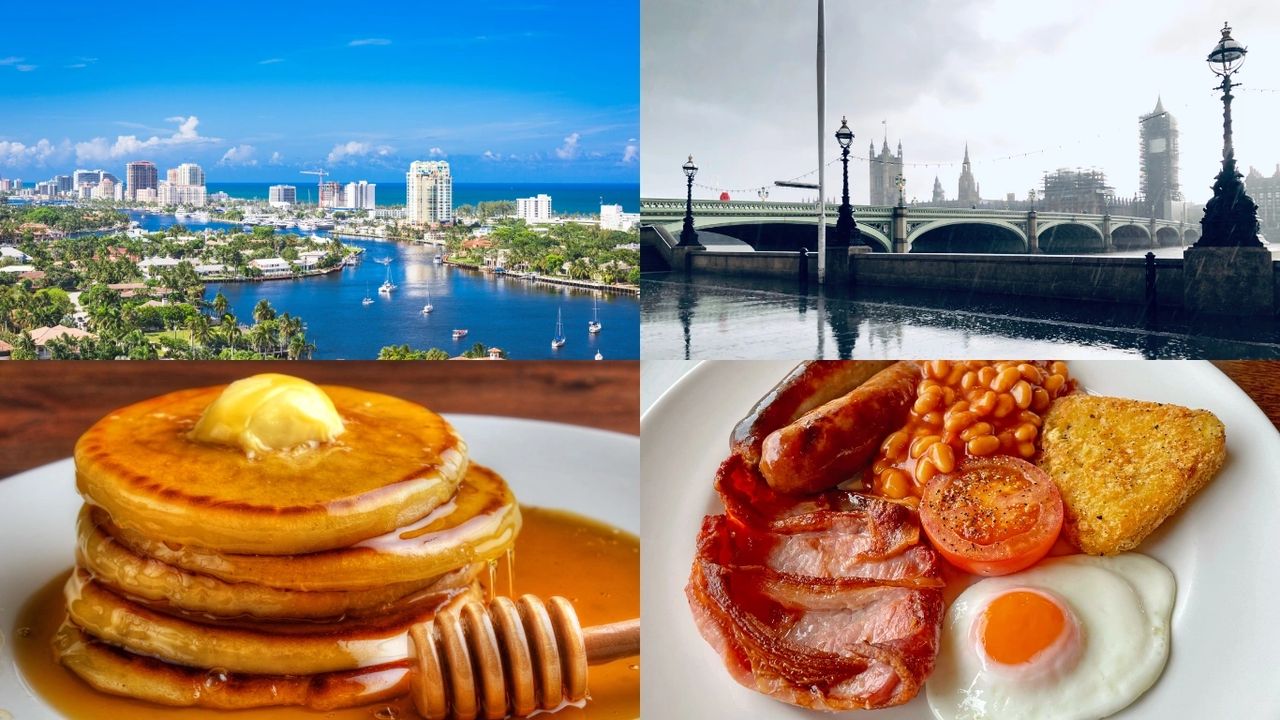 Image comparing life in US to the UK. sunny Florida compared to wet London. Pancakes and syrup for breakfast compared to Full English breakfast