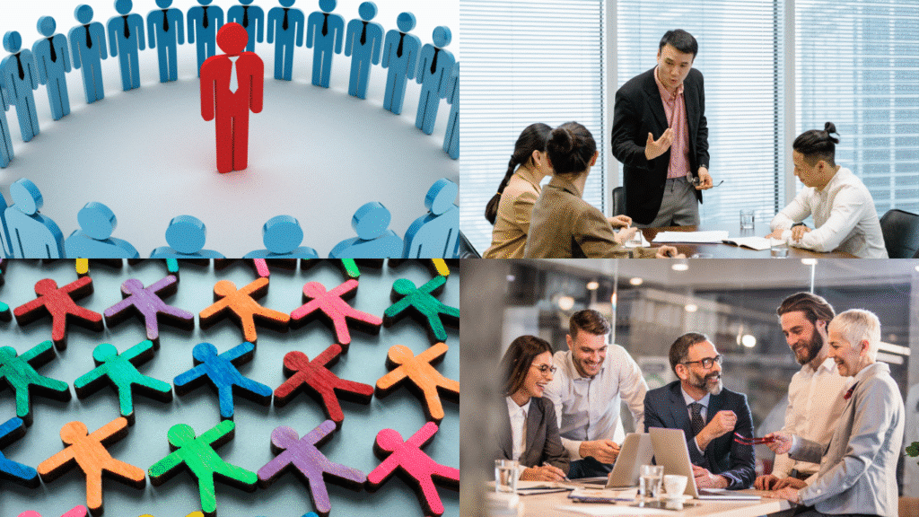 Cultural norms also influence decision-making and hierarchy. Pictures of top down hierarchical leadership style versus egalitarian leadership style