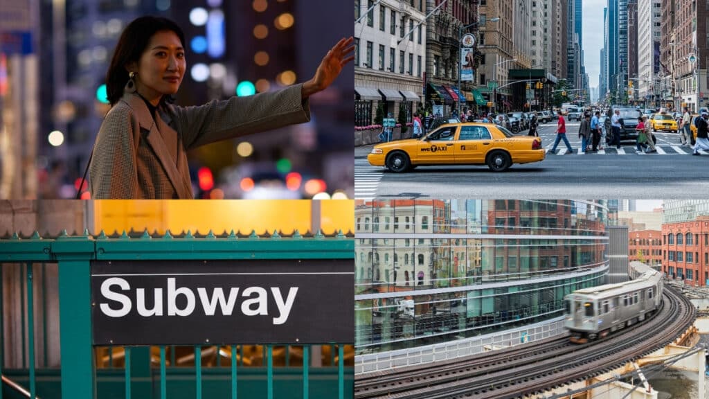 Time and Timeliness UK to USA. woman hailing a cab. Yellow taxi. Subway sign. Chicago L train